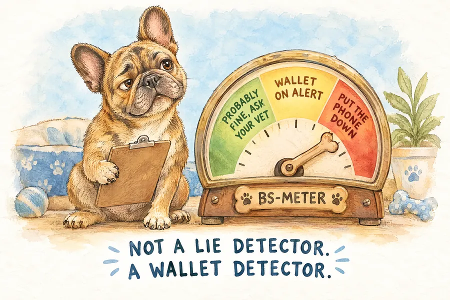 Tank the brindle French bulldog holds a clipboard beside a BS-meter gauge with a dog-bone needle. The dial runs from green, Probably fine, ask your vet, through yellow, Wallet on alert, to red, Put the phone down.