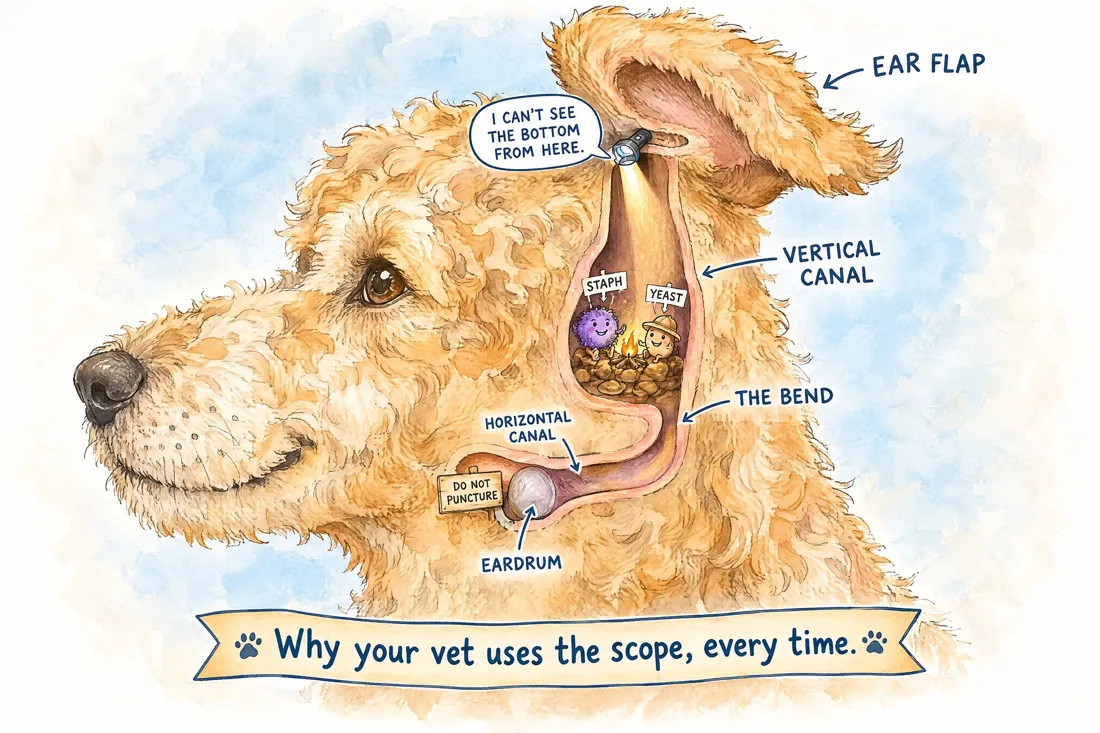 Watercolor cutaway of a dog's L-shaped ear canal, running down and then turning in toward the eardrum