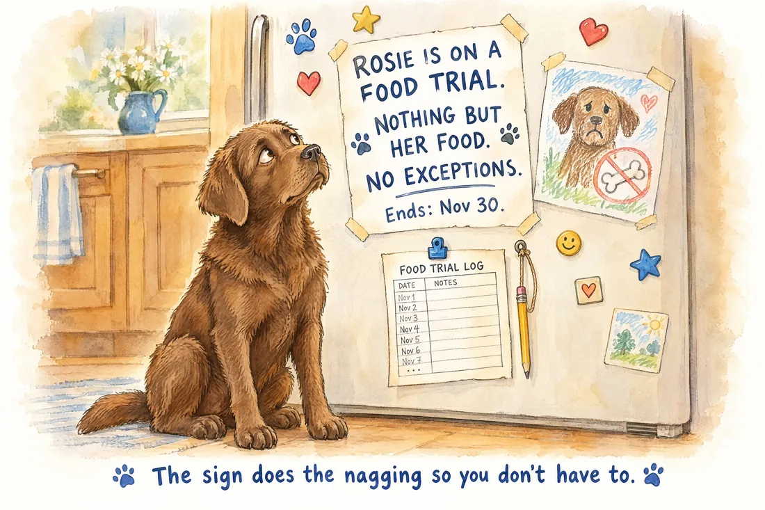 Watercolor of a food trial sign stuck on a fridge door with a magnet