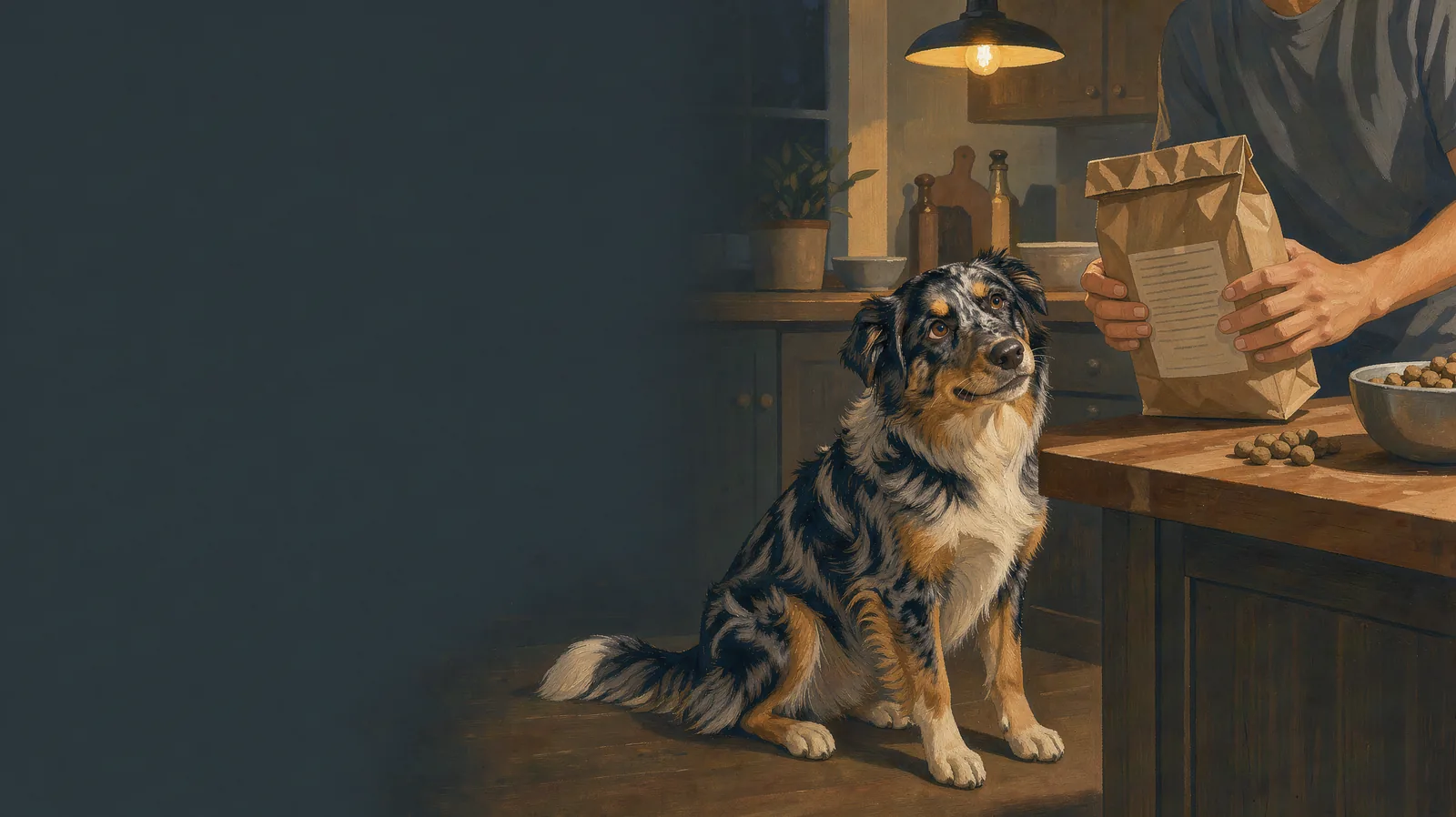Painting of an Australian Shepherd watching someone read the back of a bag of dog food