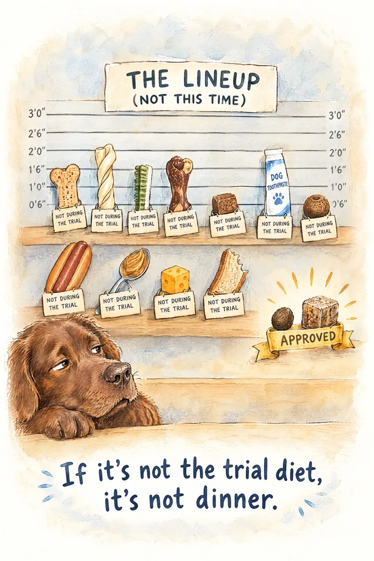 Watercolor police lineup of treats, chews, a pill pocket and toothpaste, each wearing a 'not during the trial' placard, with a single piece of kibble wearing an approved ribbon