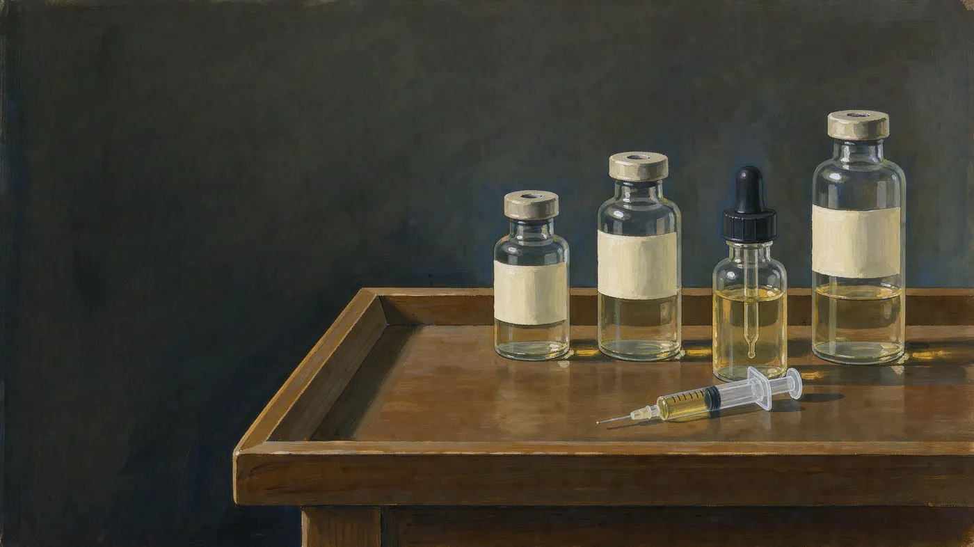 Painting of three small glass vials, a dropper bottle and a small syringe on a wooden tray