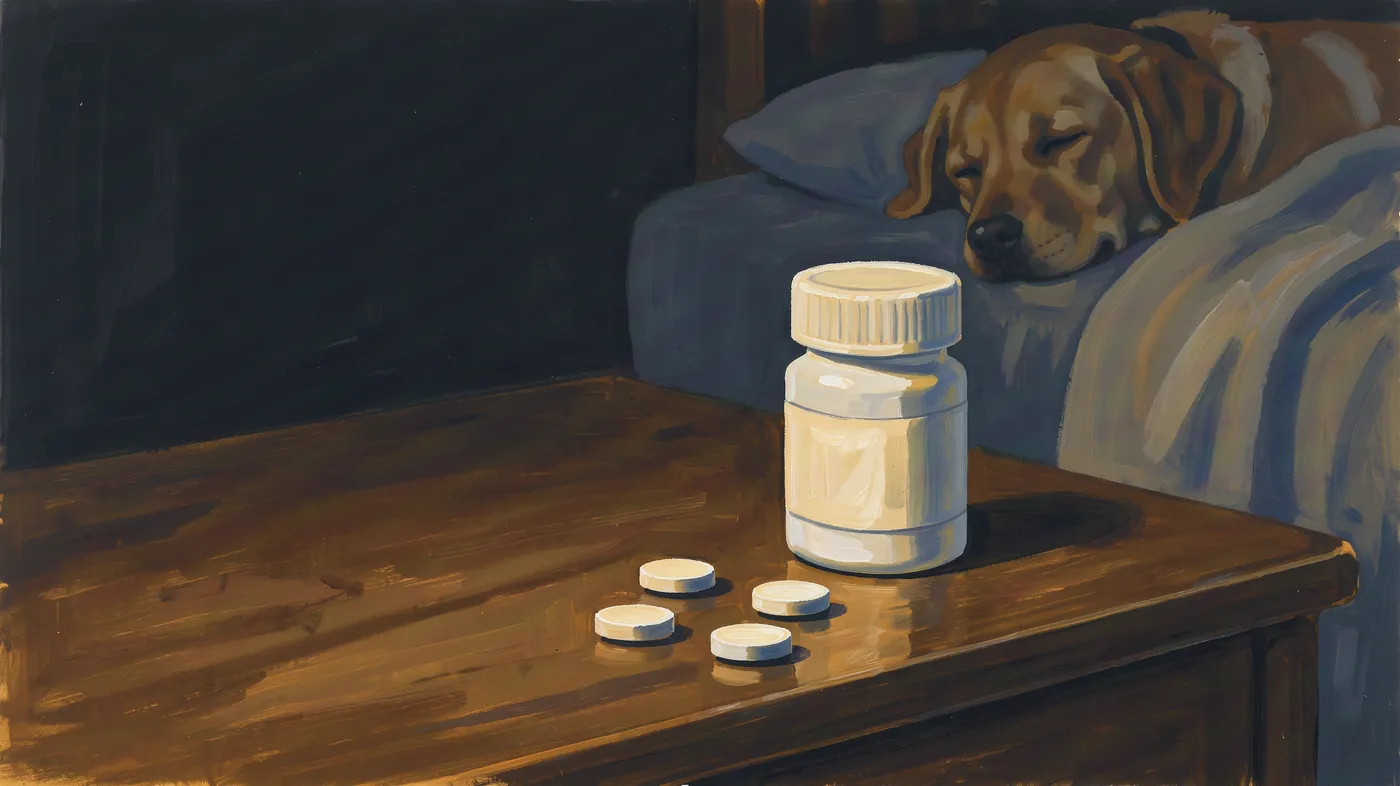 Painting of a plain white pill bottle and a few tablets on a nightstand, a dog asleep on the bed behind