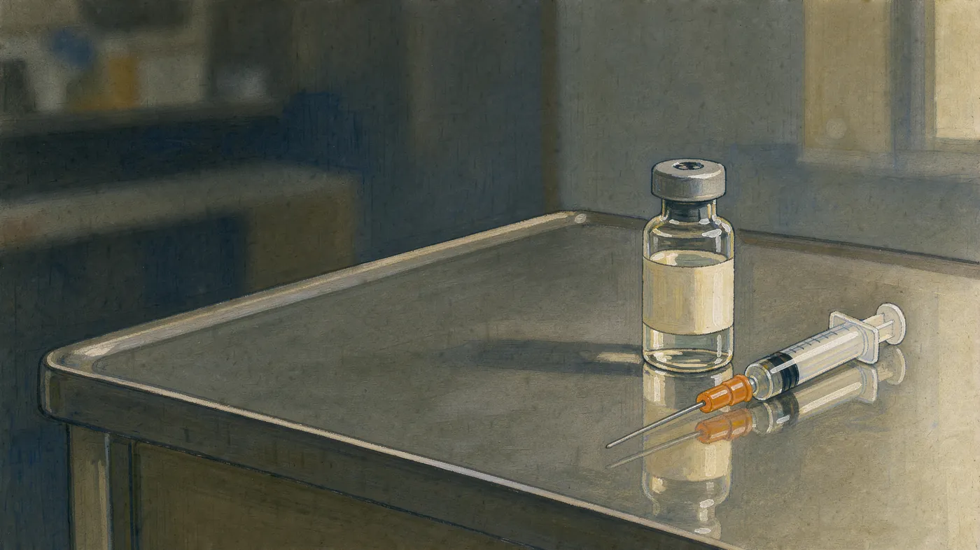 Painting of a small glass vial and a capped syringe on a steel exam table