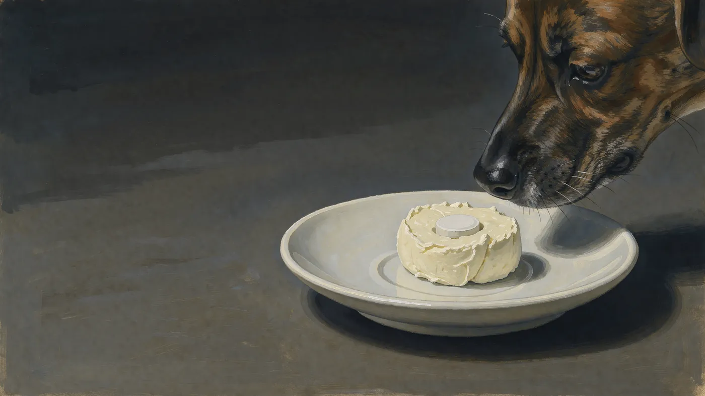 Painting of a tablet tucked into a ball of cheese on a saucer, a brindle dog leaning in to sniff it