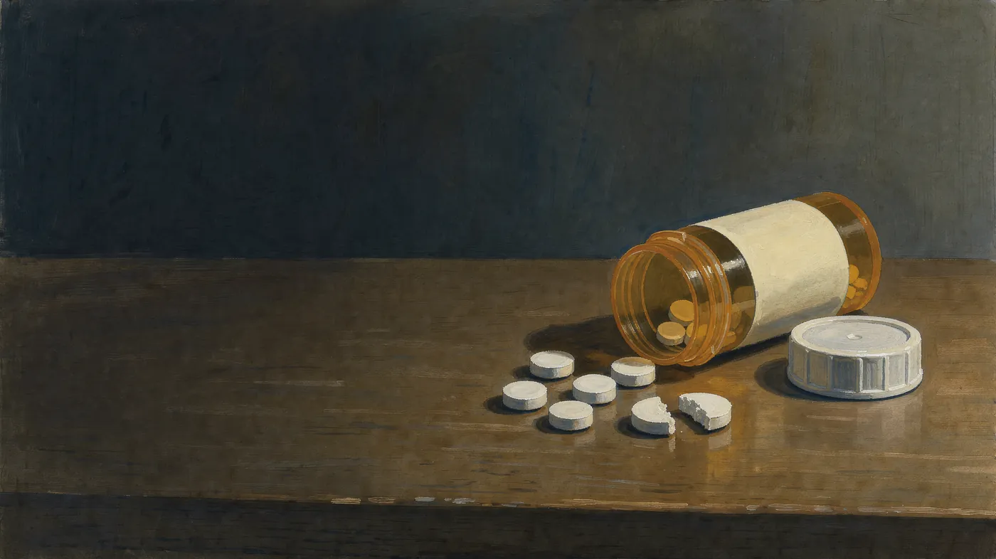 Painting of an amber pill bottle on its side with small white tablets spilled across a wooden counter