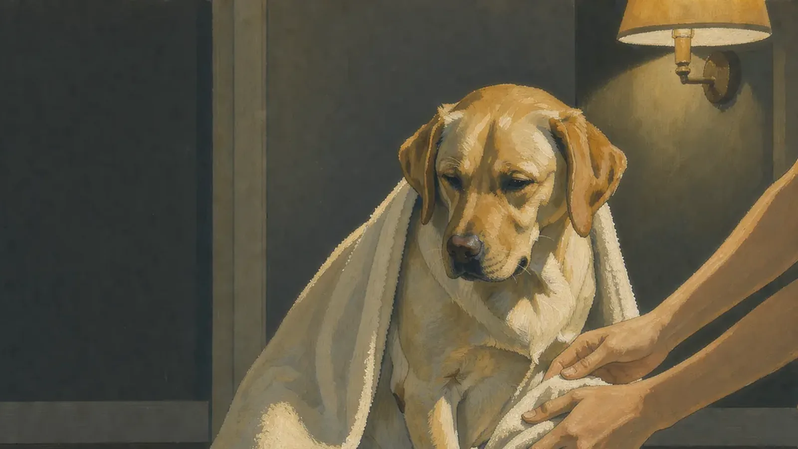 Painting of a yellow Lab wrapped in a towel after a cool bath, being gently dried off at night