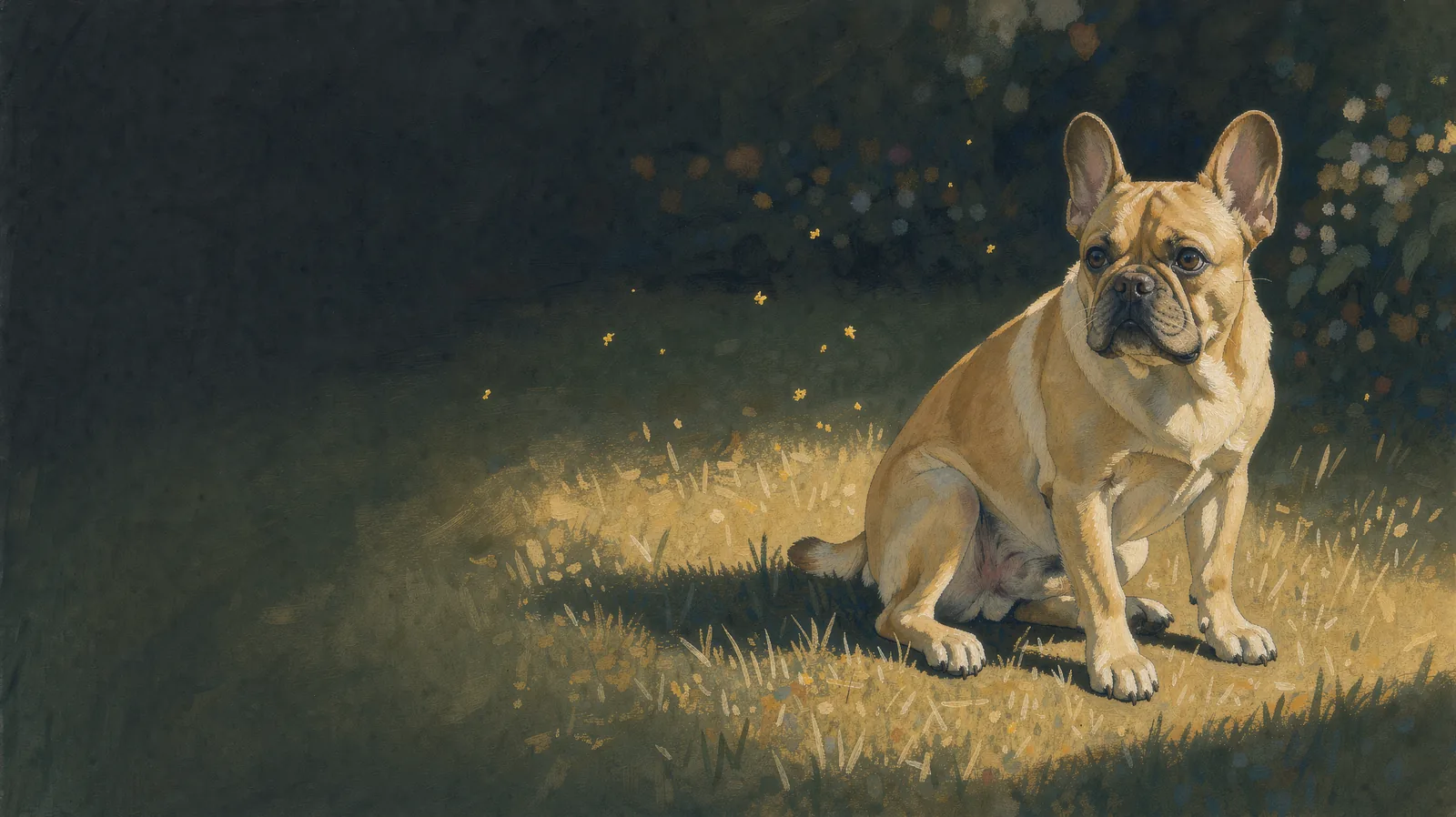 Painting of a French Bulldog sitting in sunlit grass with pollen drifting through the air
