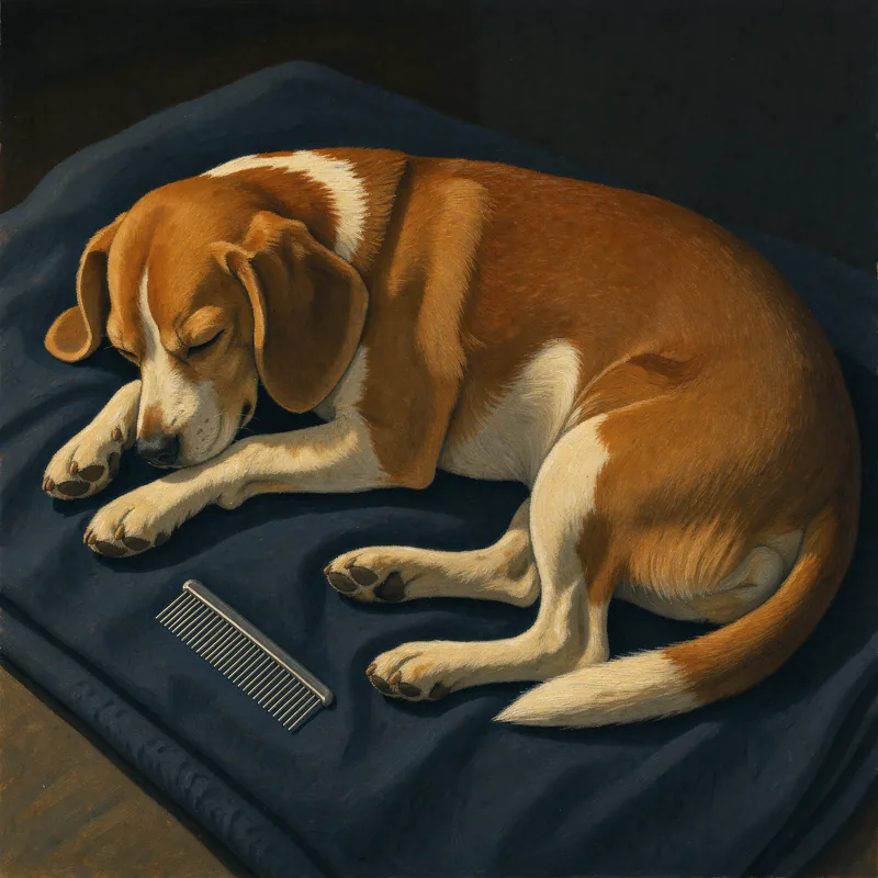 Painting of a beagle mix asleep on a blanket with a flea comb lying beside it