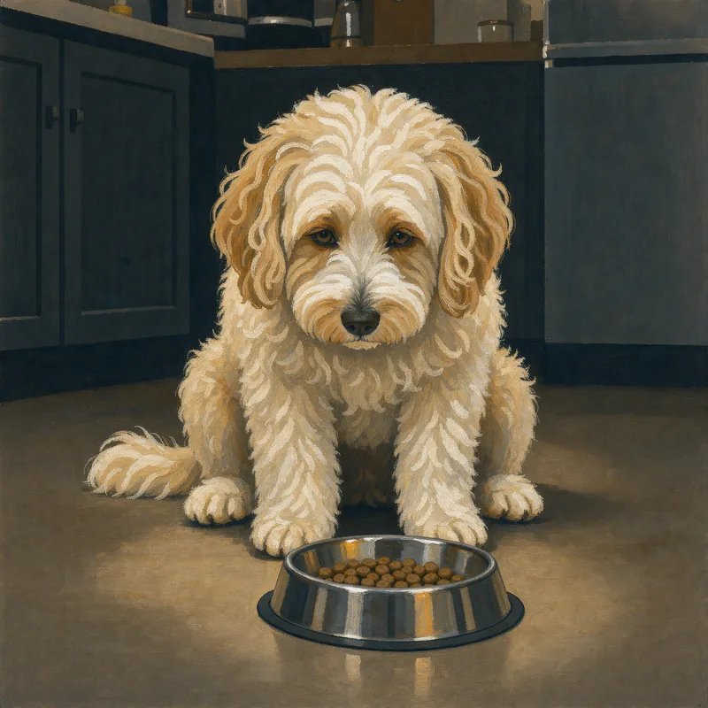 Painting of a fluffy doodle sitting patiently in front of a single steel food bowl