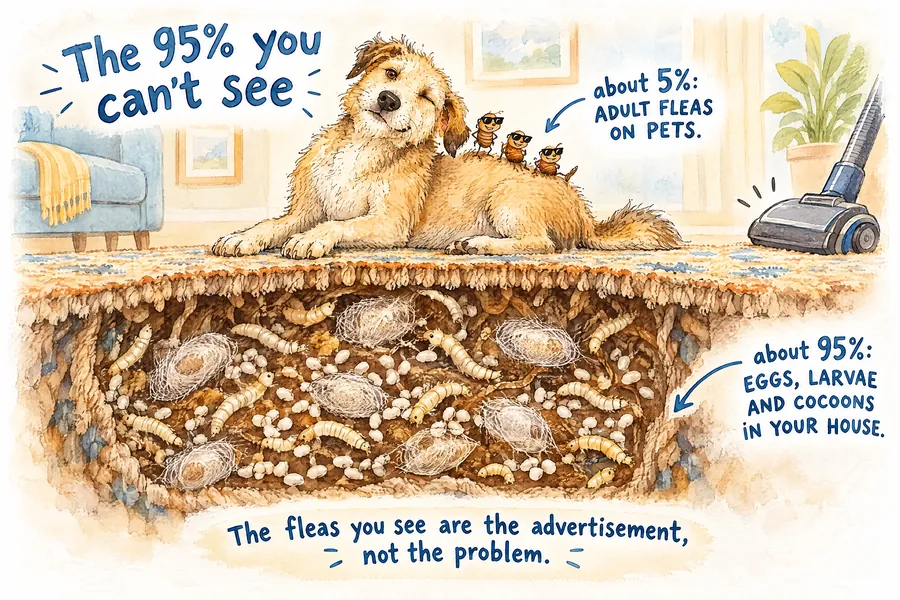 A painted shaggy dog lying on a rug with three small fleas on his back, and a cutaway of the carpet below full of flea eggs, larvae and cocoons