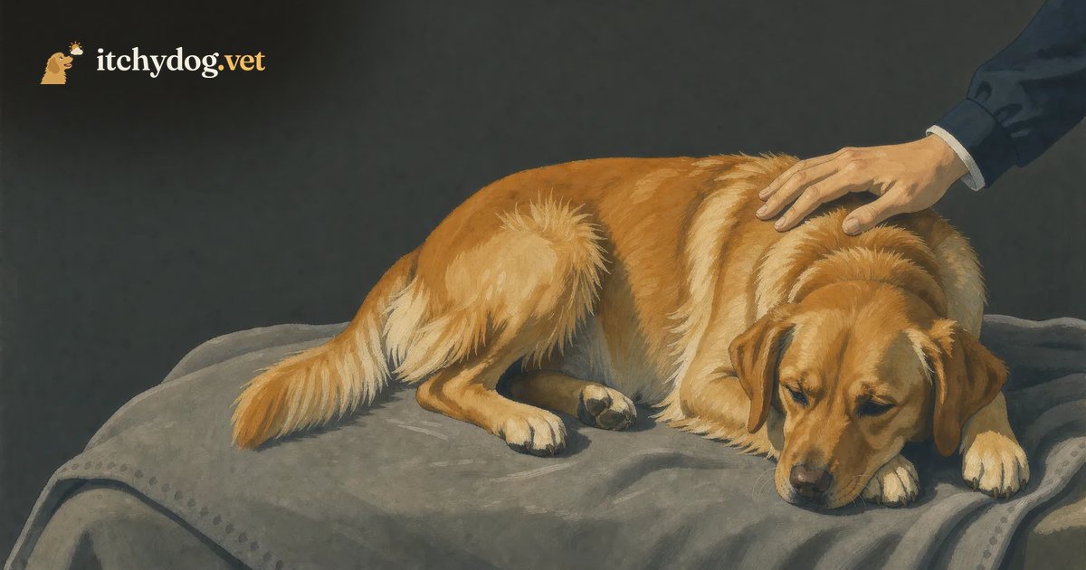 A painted golden retriever resting on a blanket while its owner strokes its head
