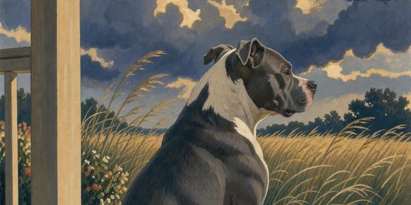 A painted pit bull looking out over a field under a cloudy sky
