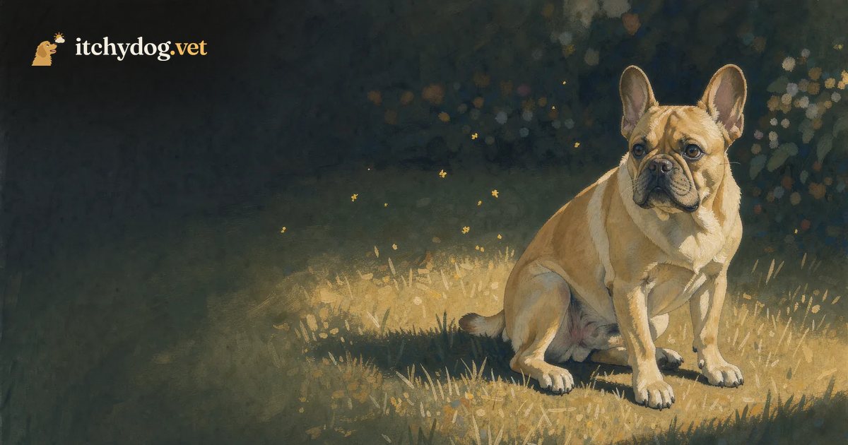 A painted French Bulldog sitting in a sunlit, pollen-filled garden