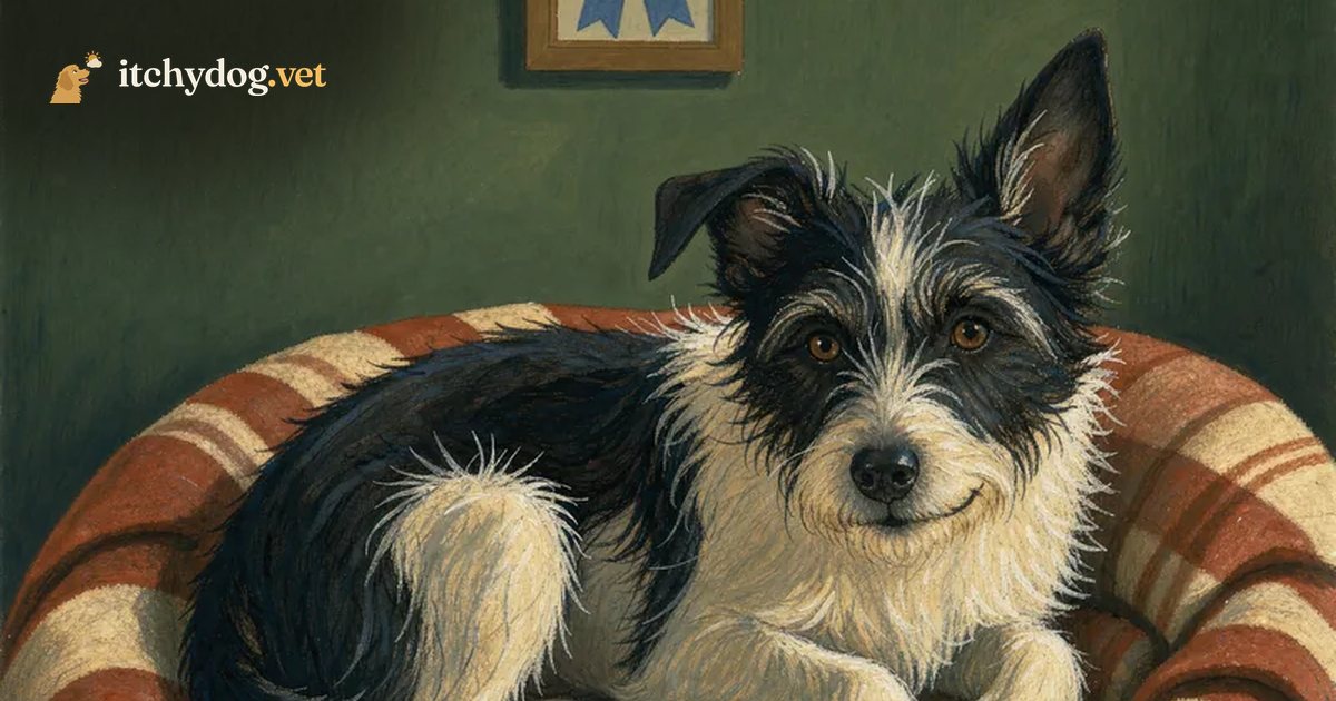 A painted black and white terrier mix curled up on a red plaid dog bed