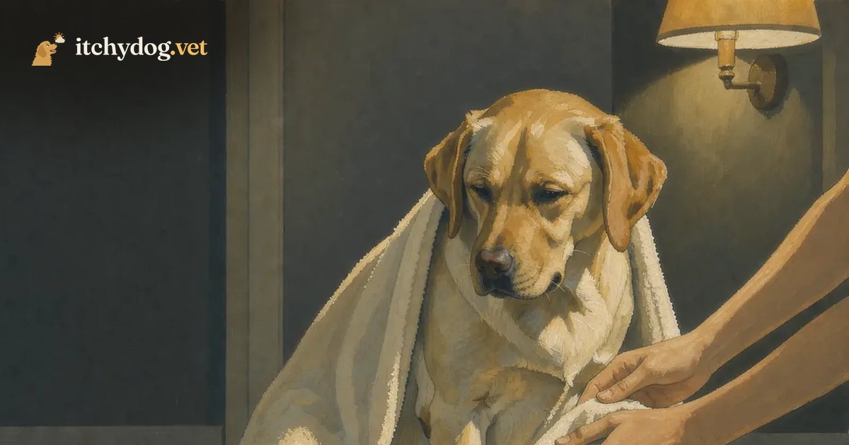 A painted yellow Lab wrapped in a towel while someone dries him off