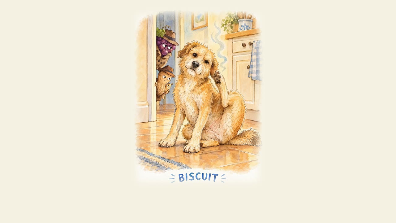 A cartoon dog sitting on a kitchen floor, scratching, with a little cloud of smell drifting up